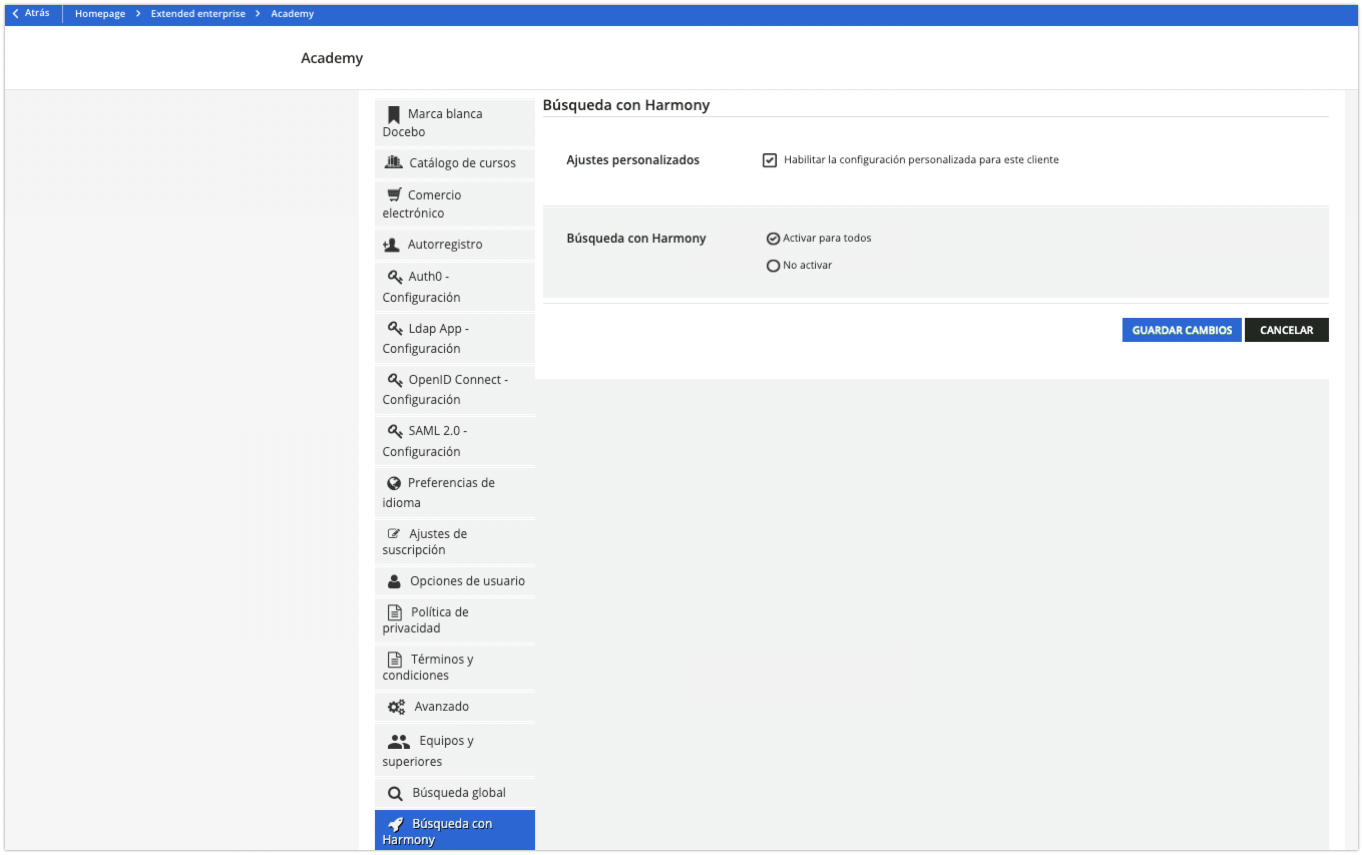 Búsqueda con Harmony en Extended enterprise