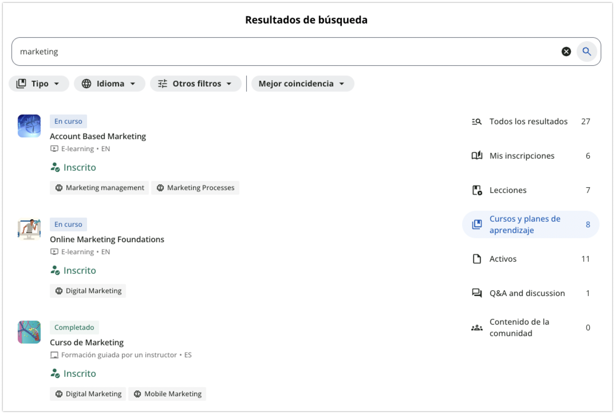 Filtrar resultados por área