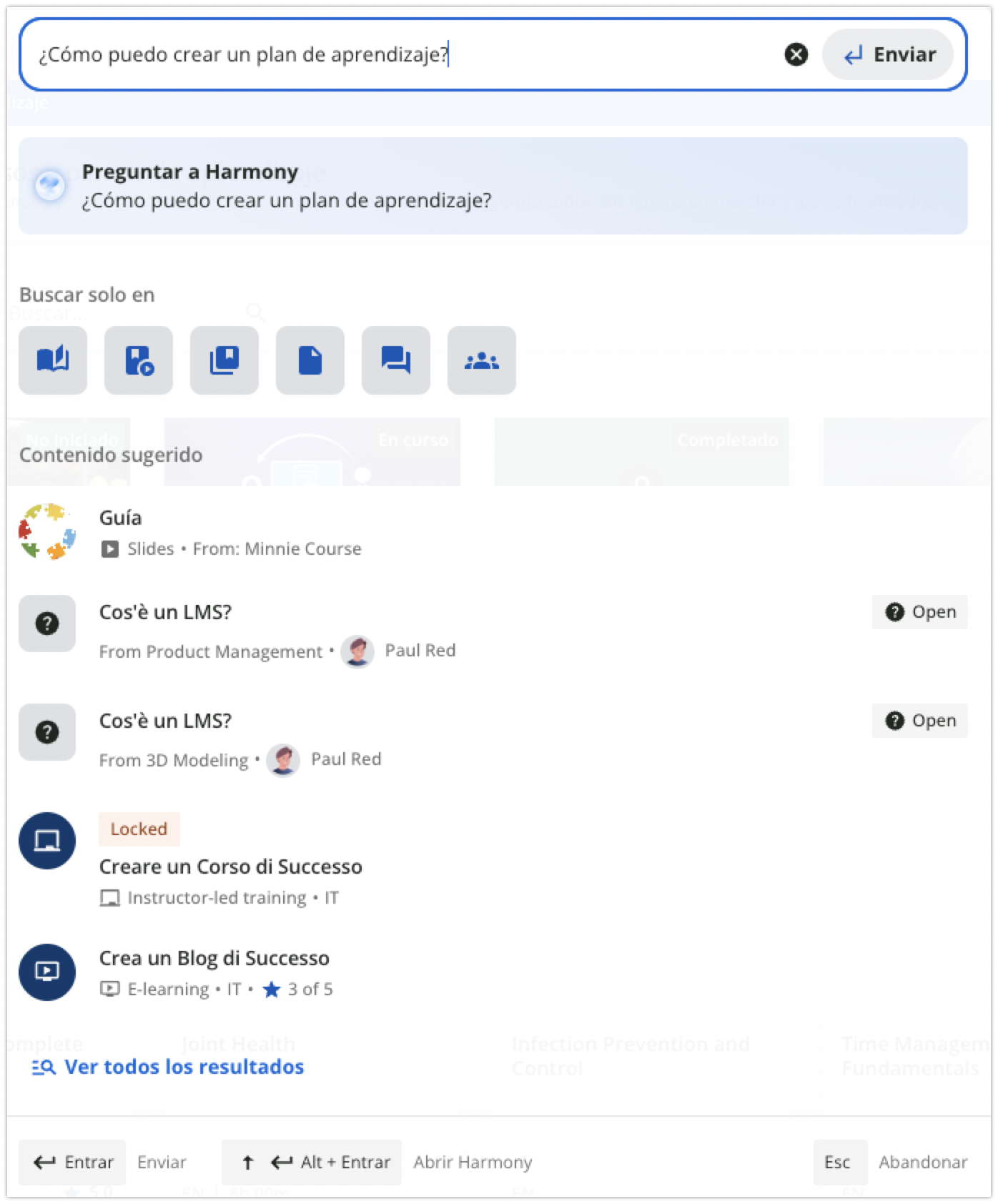 Panel con opciones de búsqueda