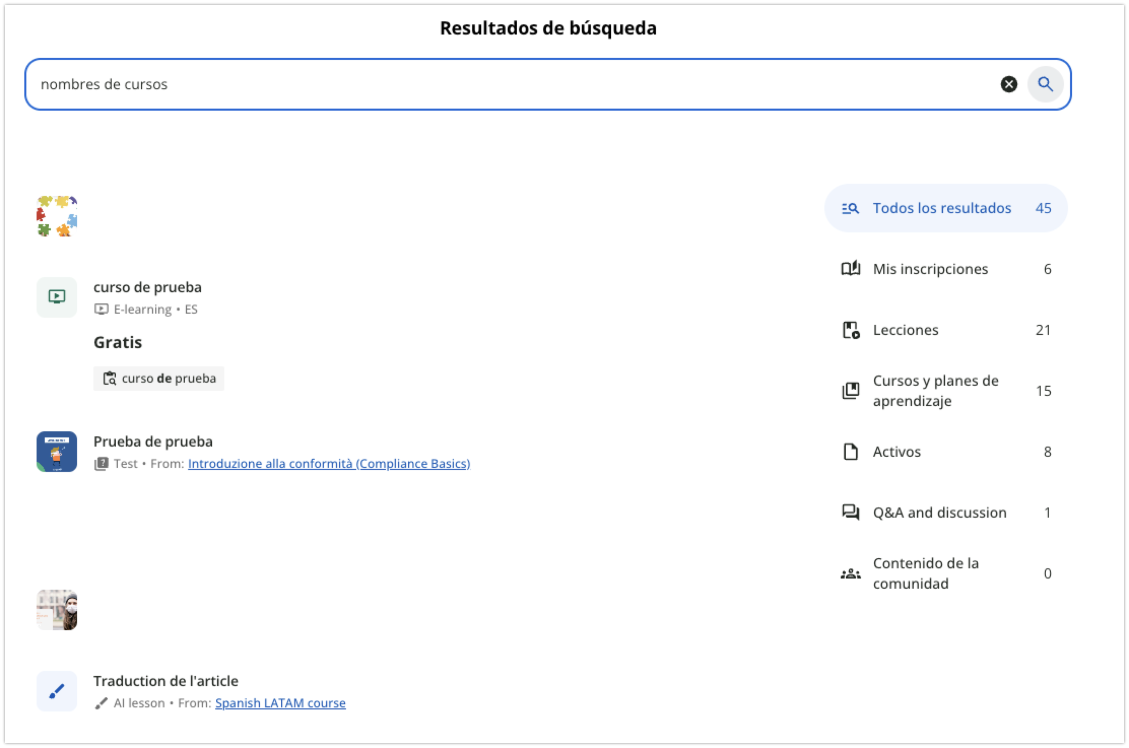 Página Resultados de búsqueda y opciones