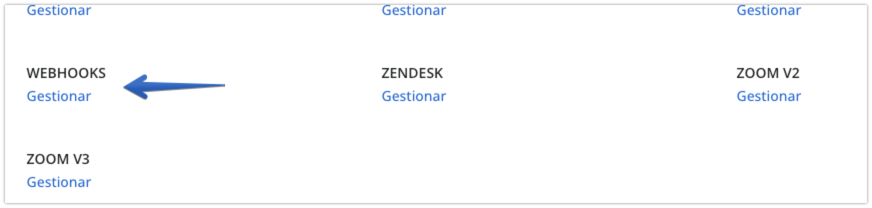 Sección Webhooks en el Menú de administrador