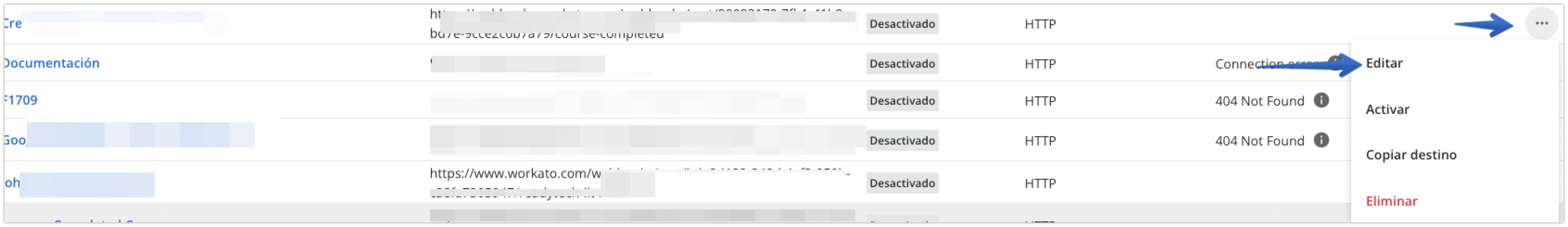 Opción de editar un webhook