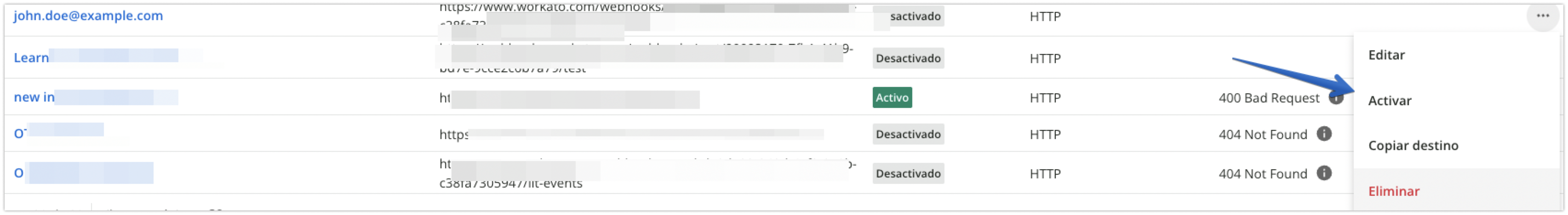 Opción de activar un webhook