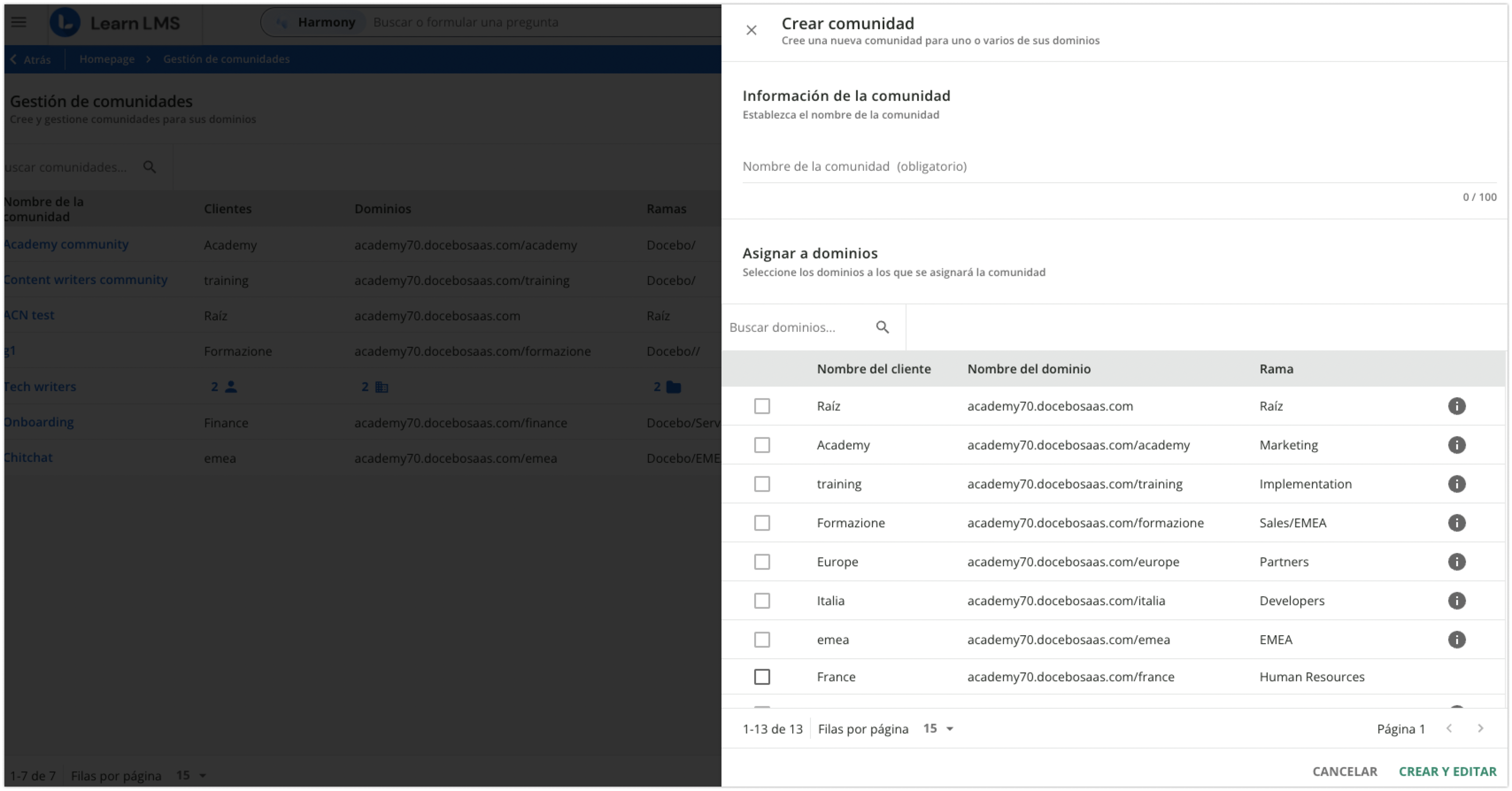 Área Crear comunidad