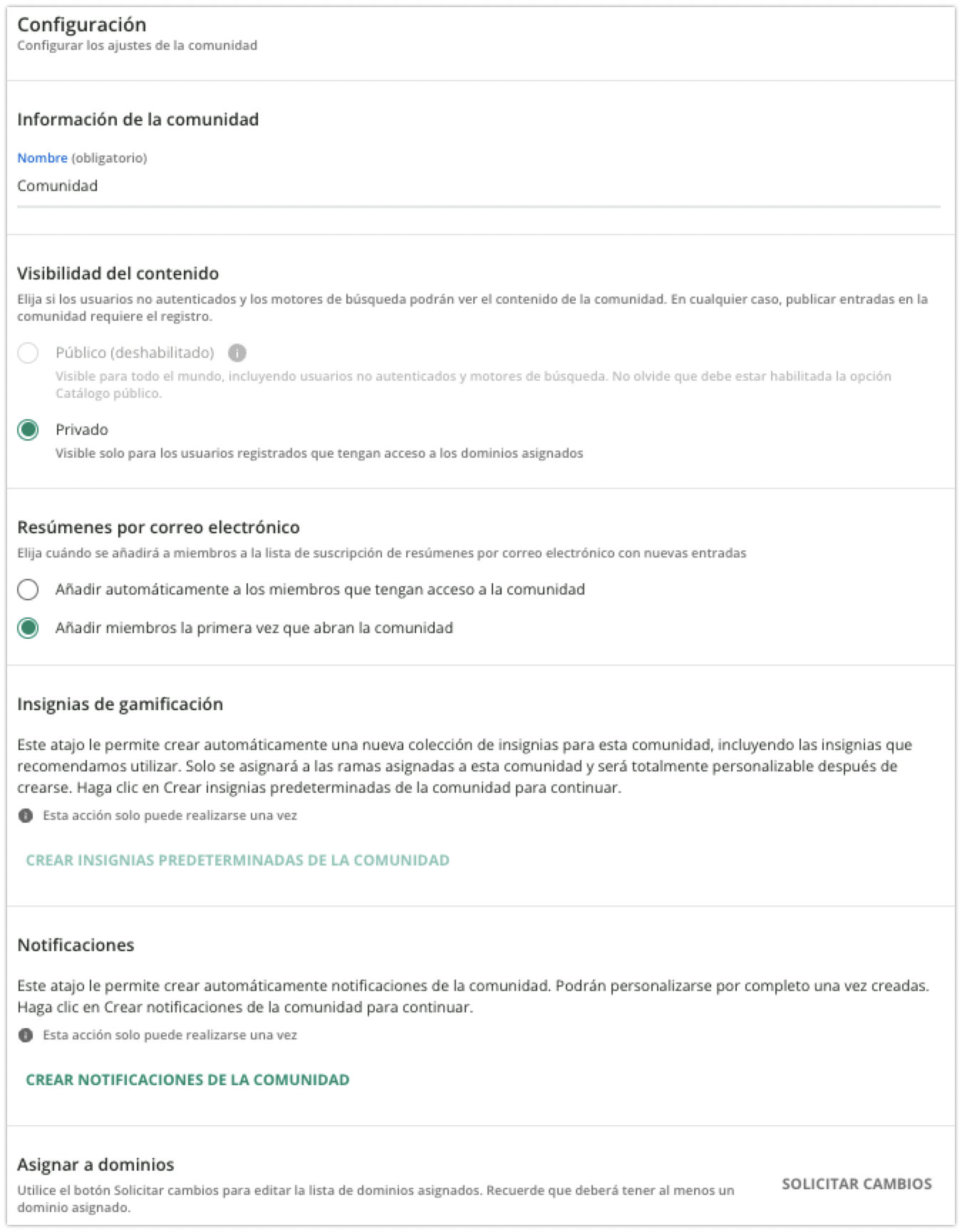 Configuración de la comunidad