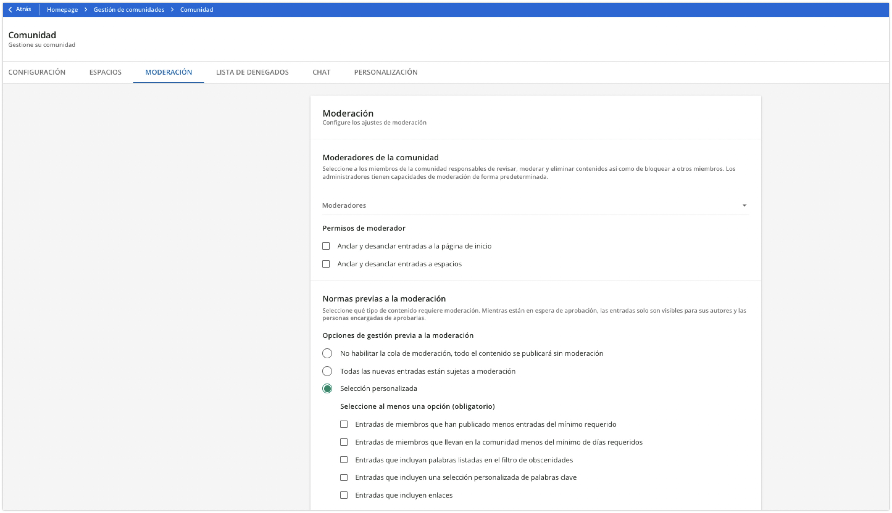 Pestaña Moderación