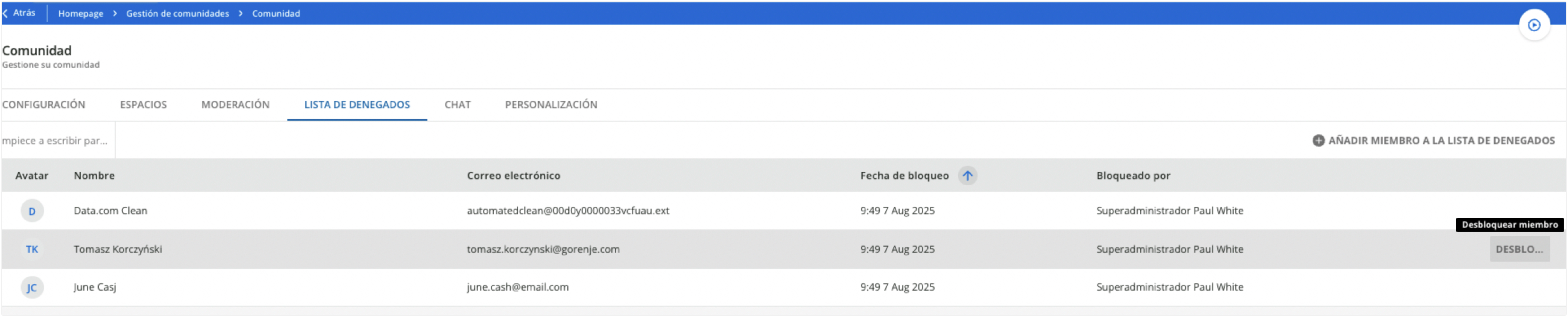 Pestaña Lista de denegados