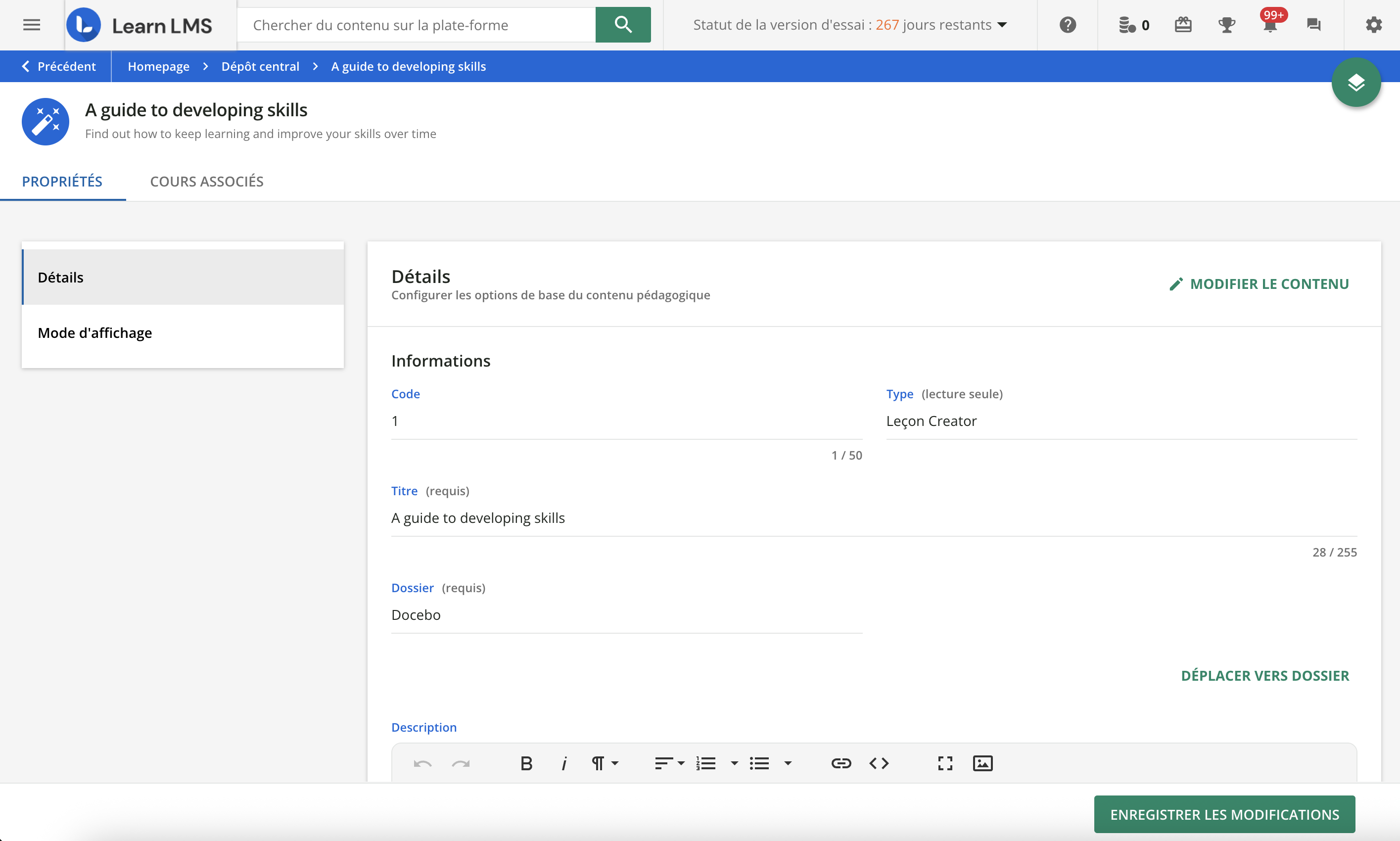 L'écran Propriétés d'une leçon Creator.