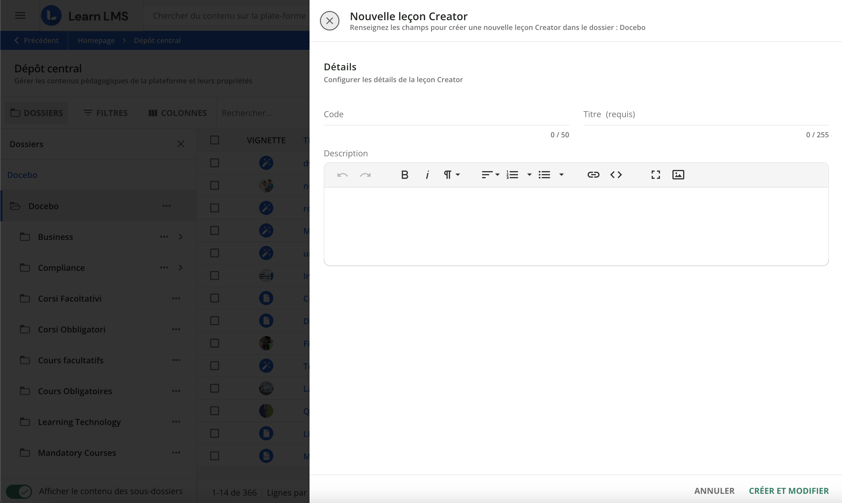 Créer une nouvelle leçon Creator.