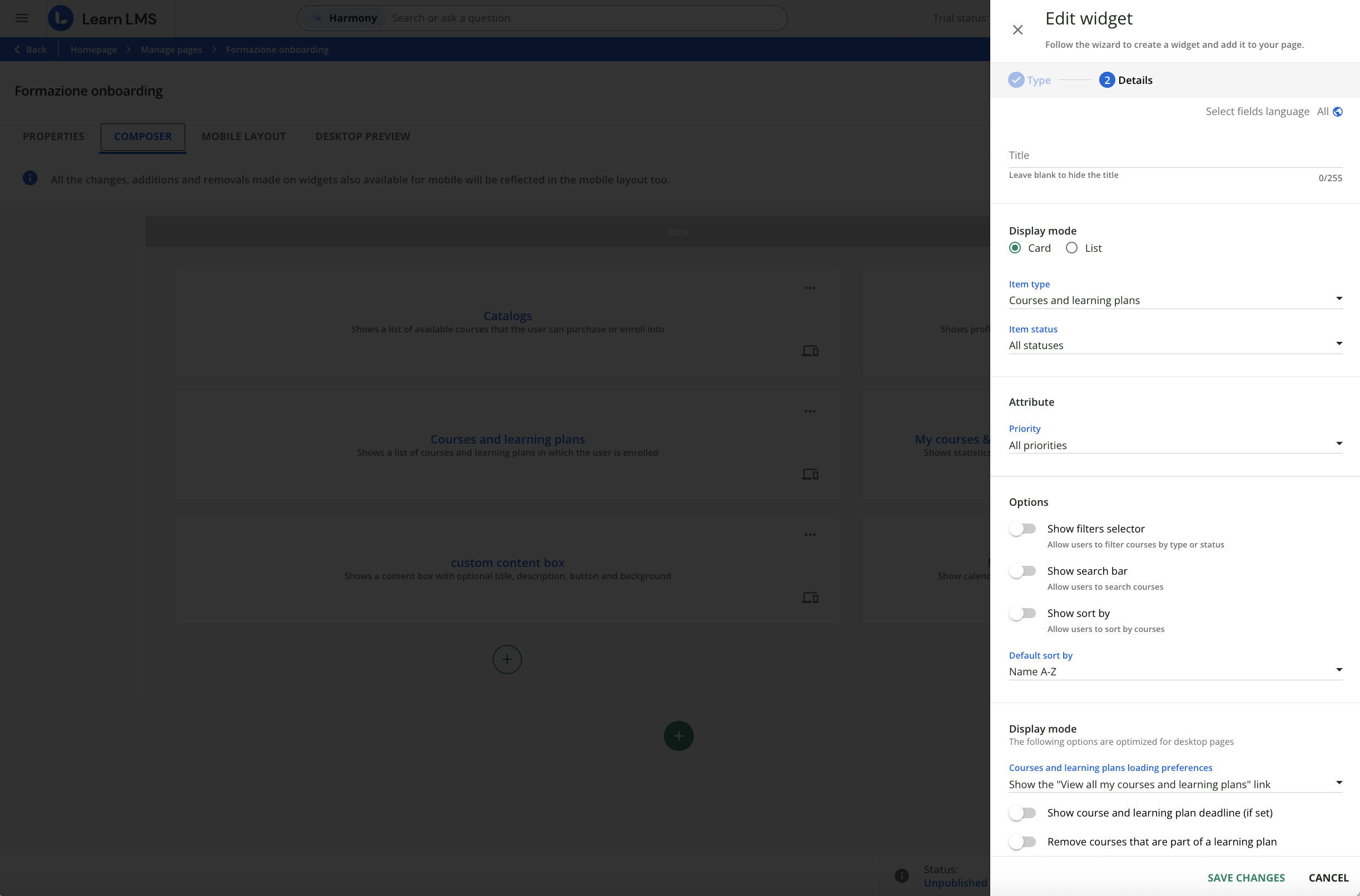 Courses and learning plans widget