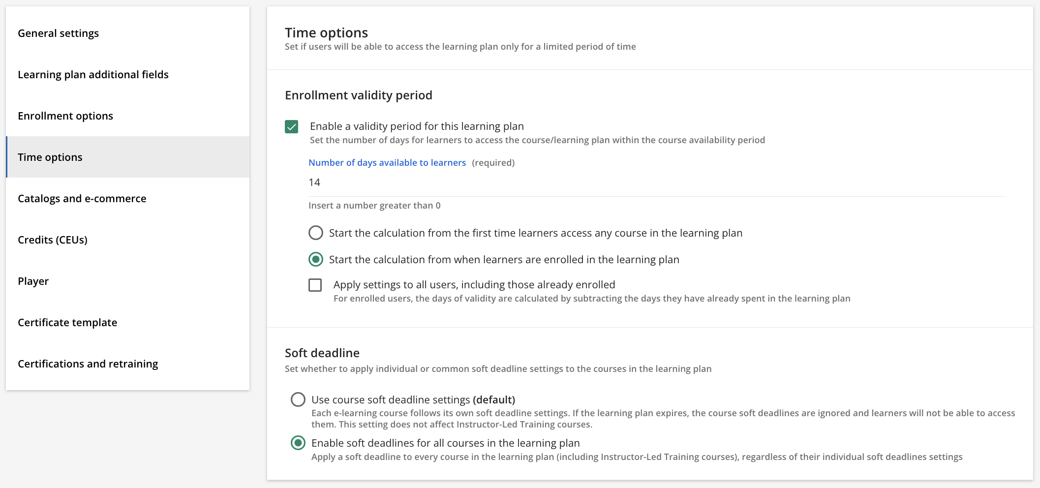 Time options for learning plans