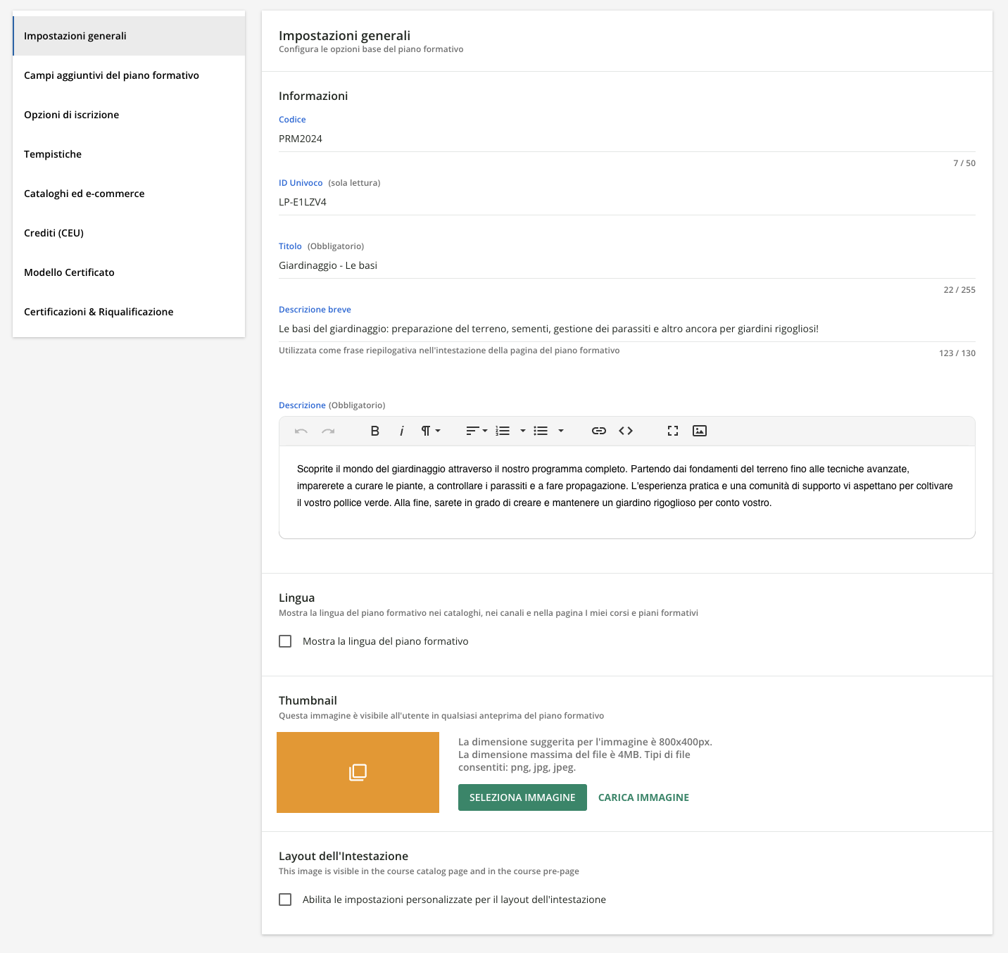 Impostazioni generali per un piano formativo