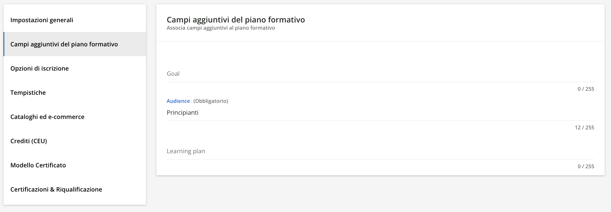 Campi aggiuntivi del piano formativo