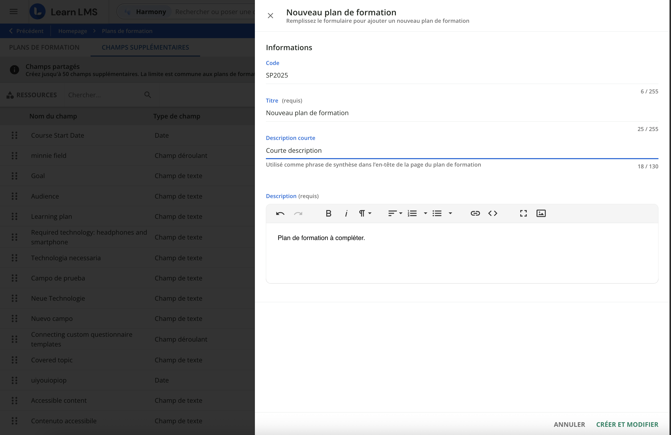 Créer un nouveau plan de formation.