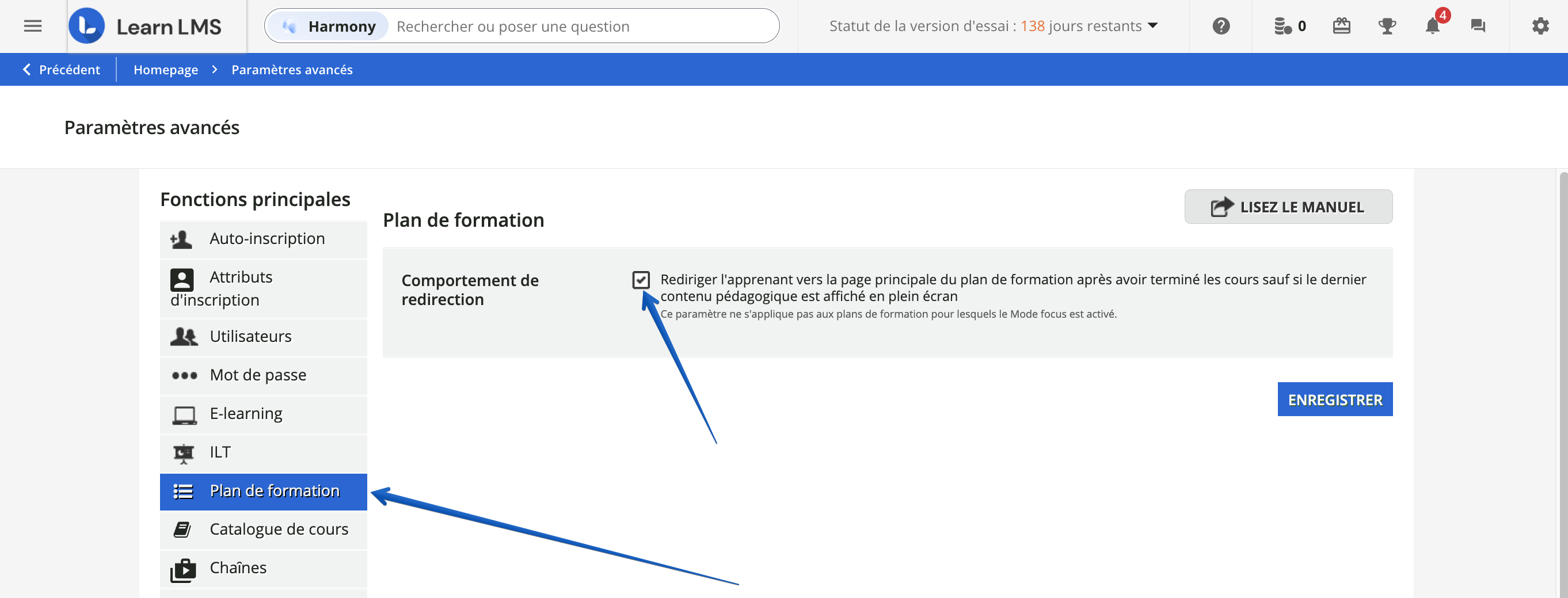 Gérer les paramètres globaux des plans de formation.