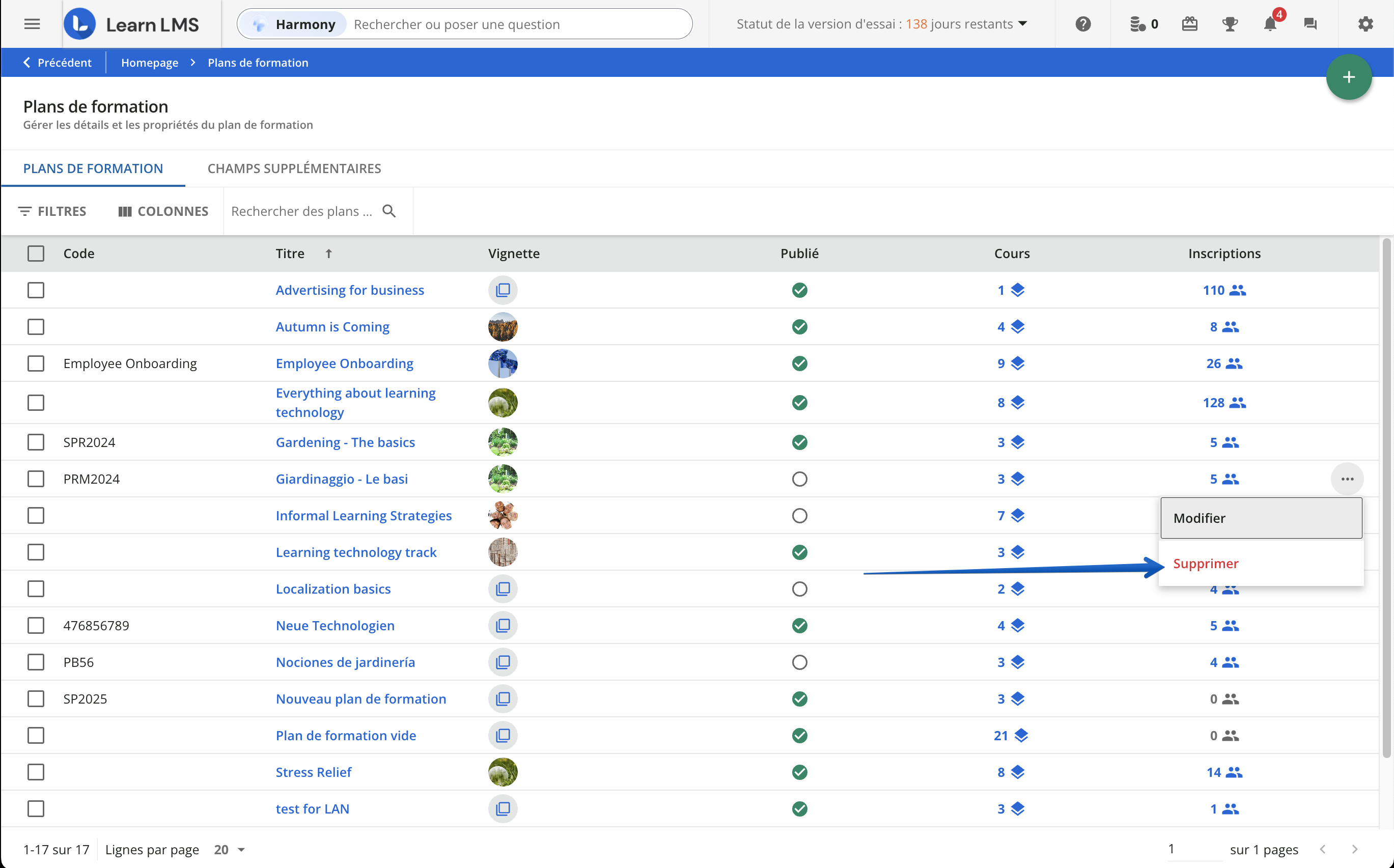 Supprimer un plan de formation.