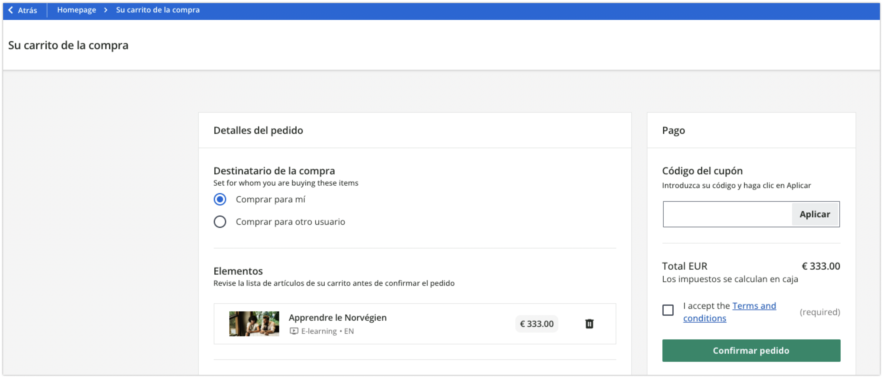 Área de detalles del pedido