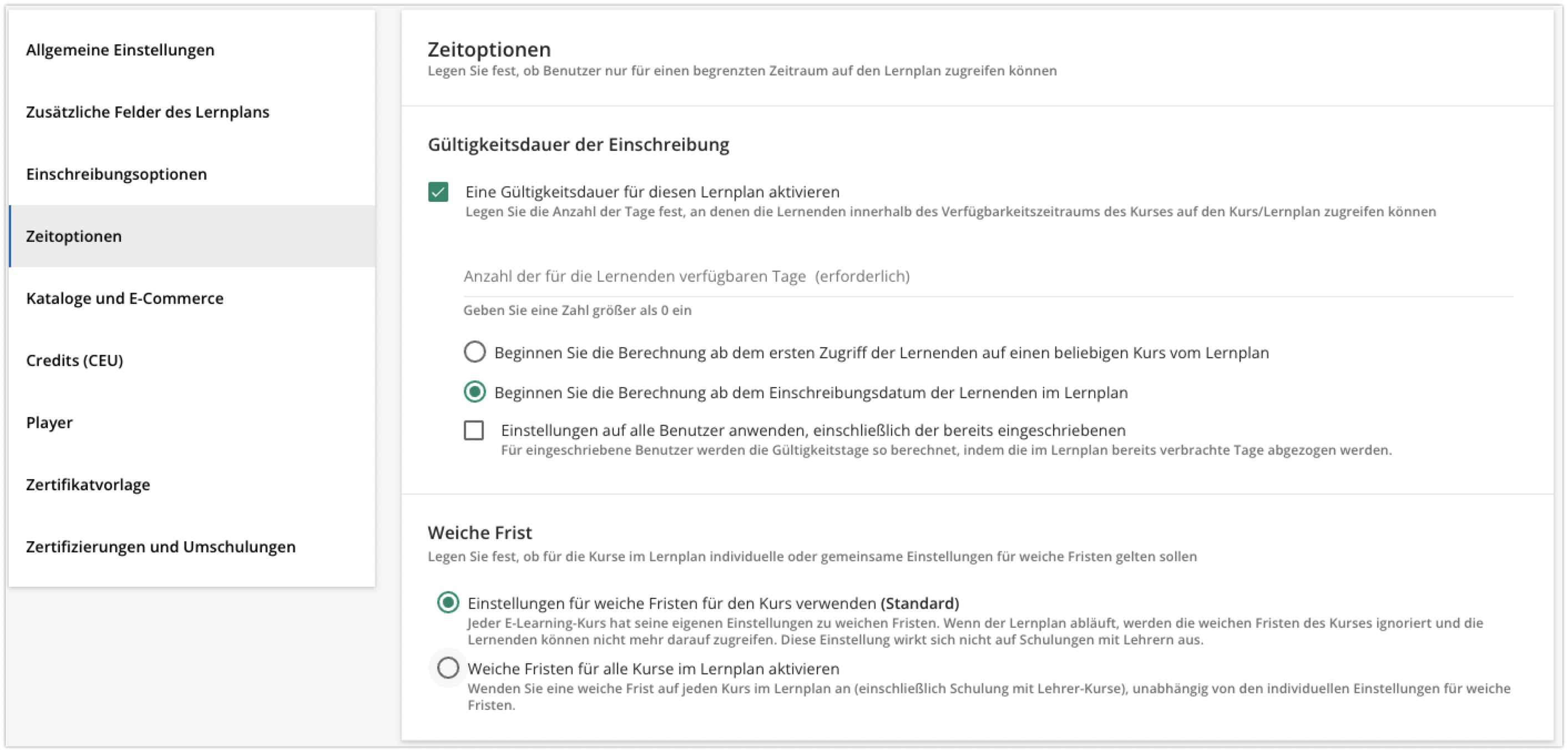 Zeitoptionen für Lernpläne