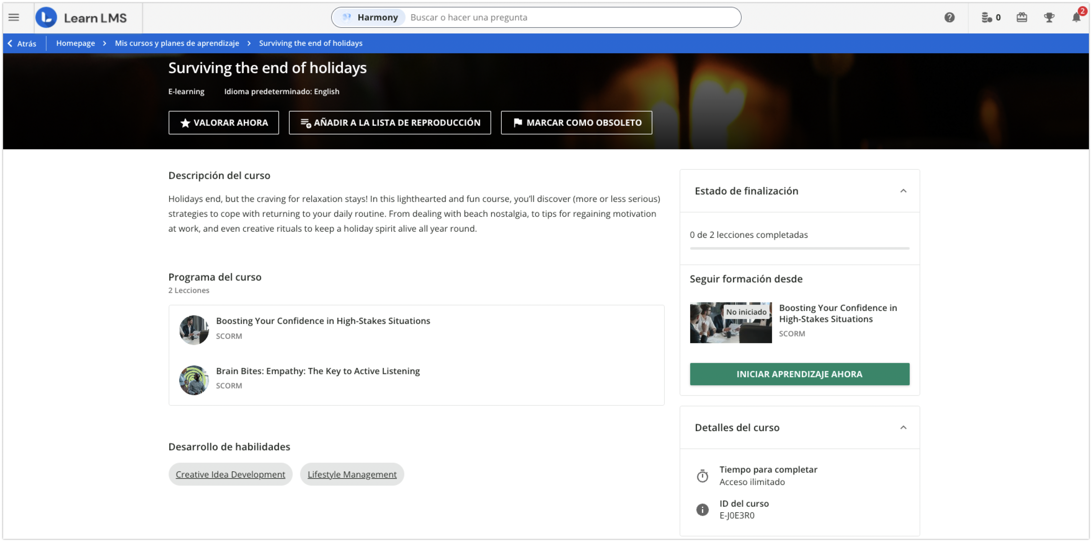 Página de descripción general del curso