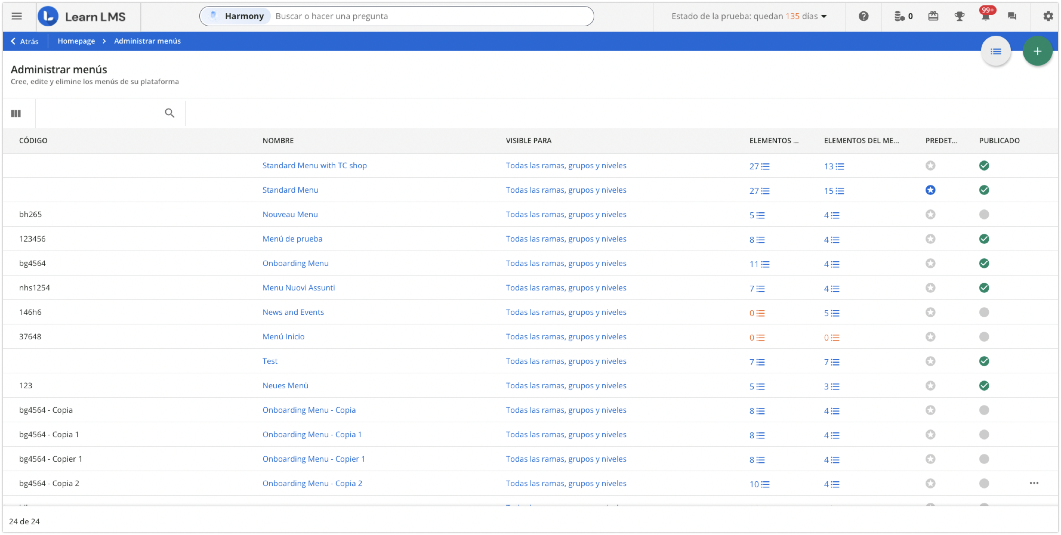 Página Administrar menús
