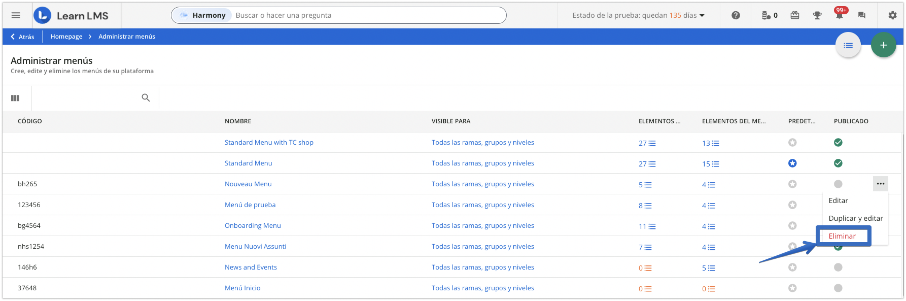 Opción de eliminar un menú