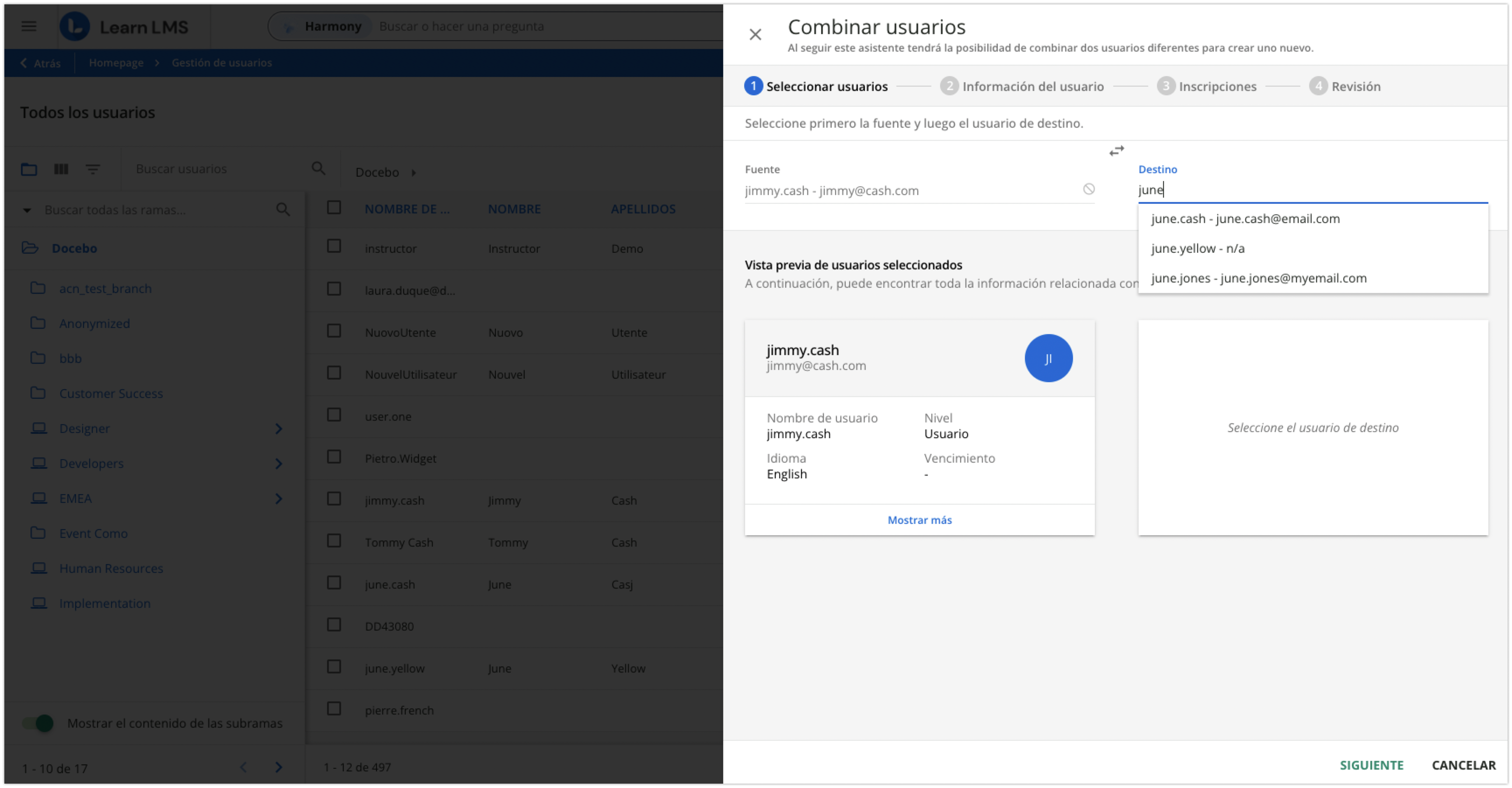 Seleccionar usuarios para combinar