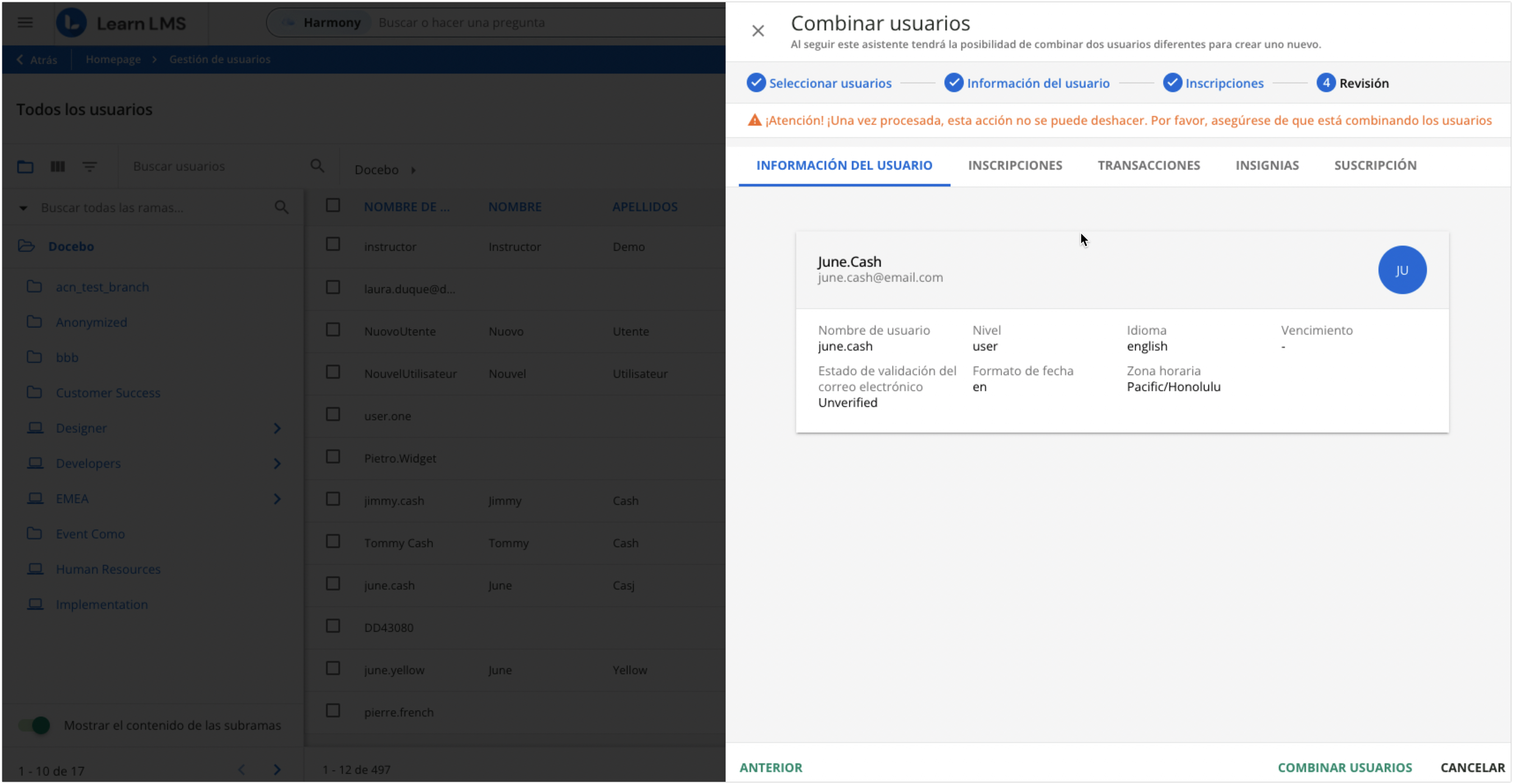 Paso de revisión para la combinación de usuarios