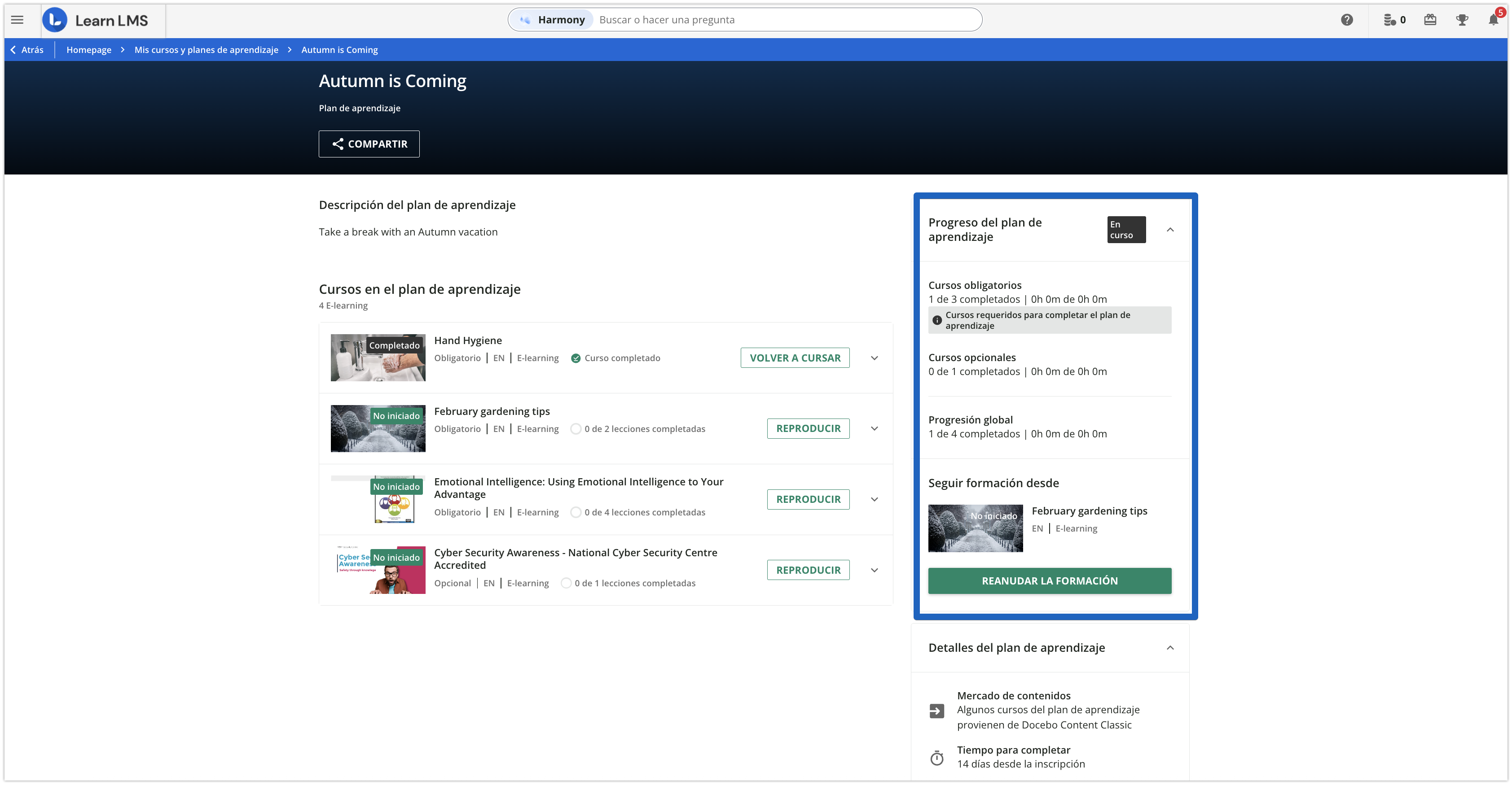 Área Progreso del plan de aprendizaje