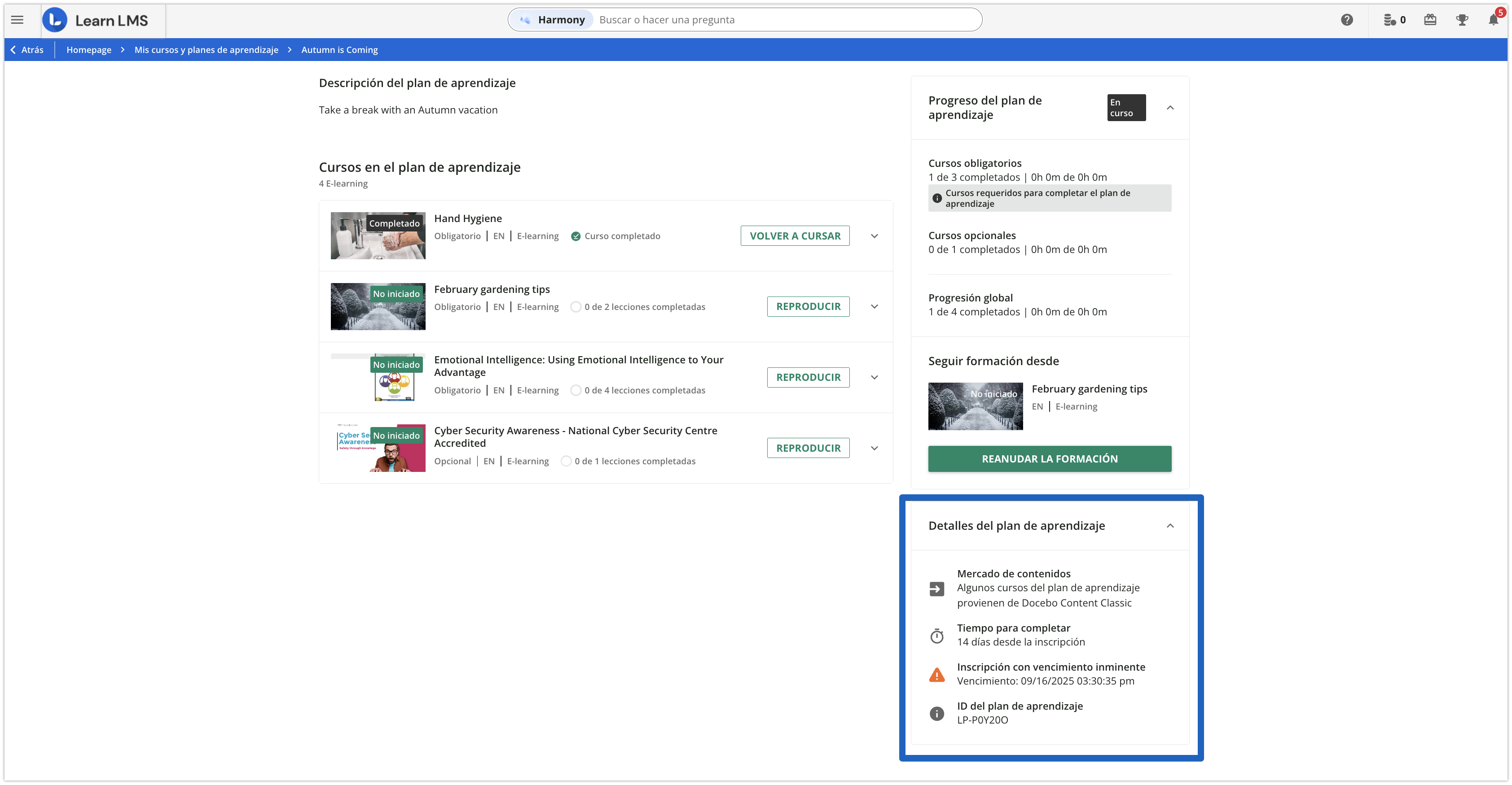 Área Detalles del plan de aprendizaje