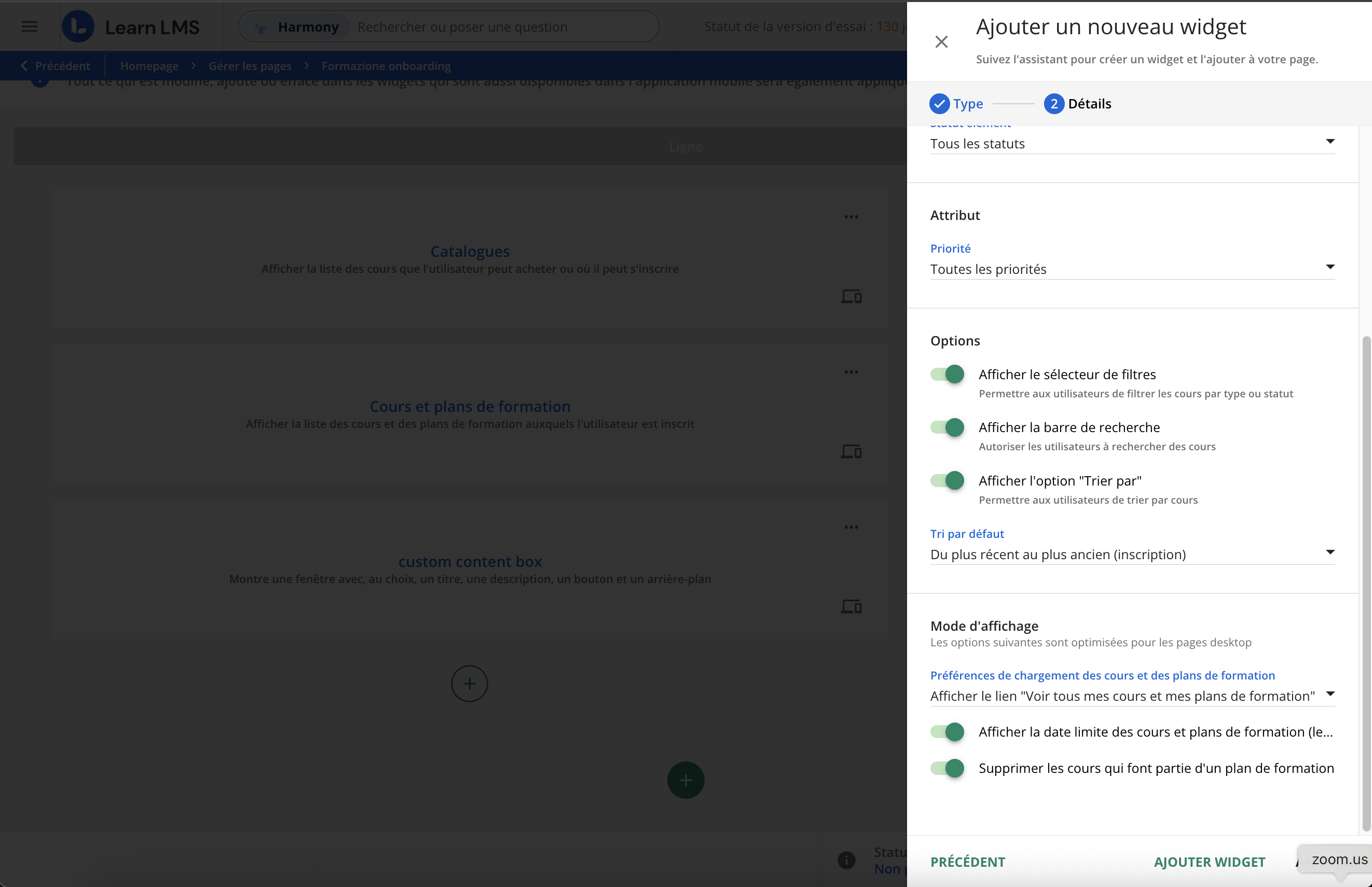 Widget Cours et plans de formation