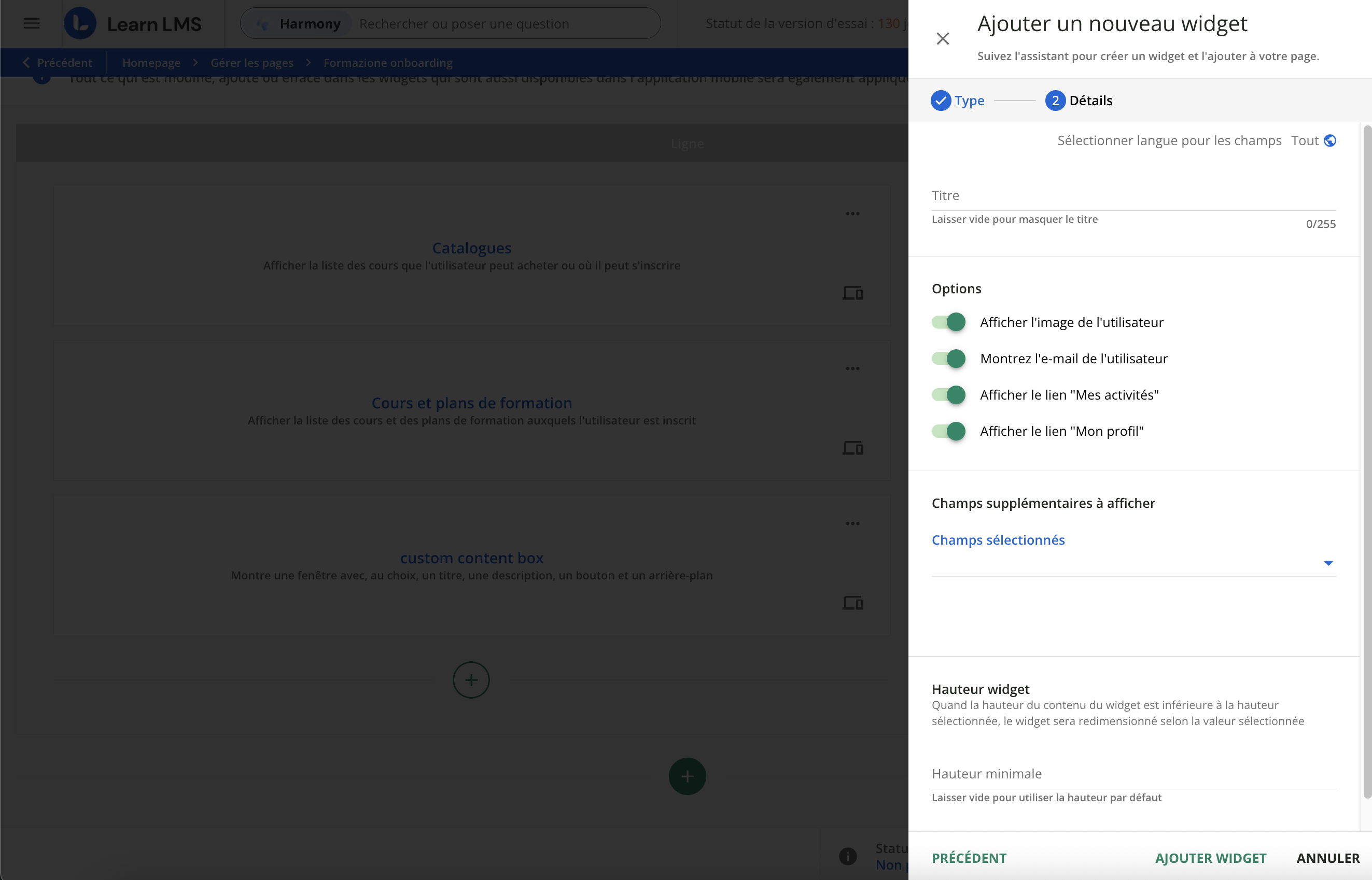 Ajouter un widget Mon profil.