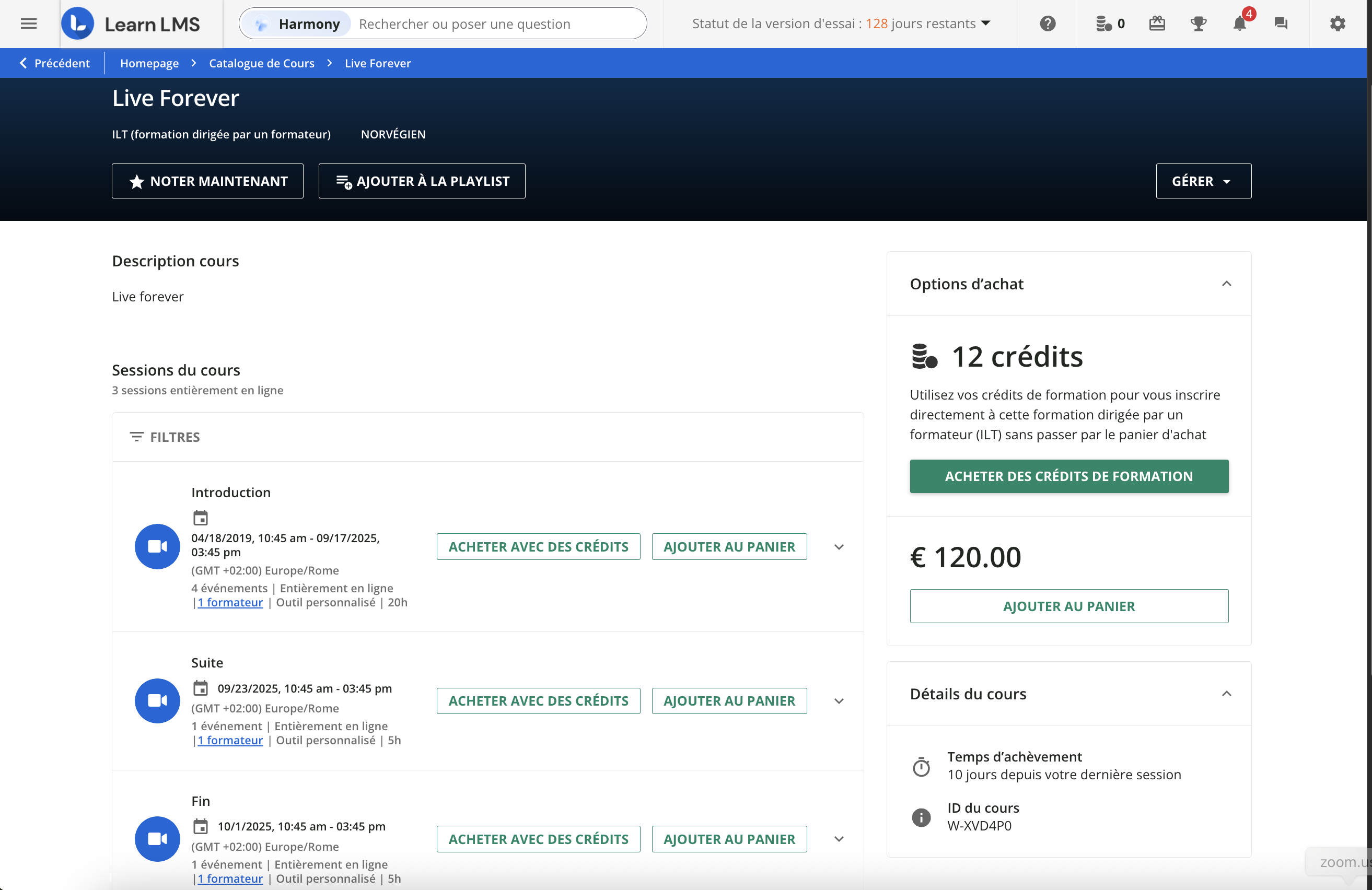 S'inscrire à une session à l'aide de crédits de formation.