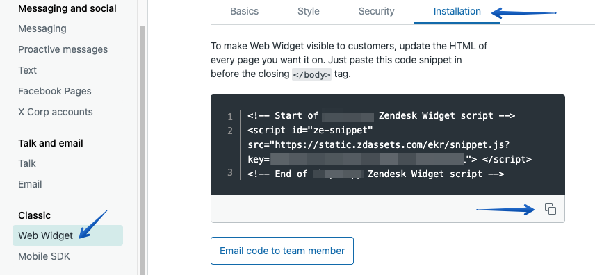 Retrieving the Zendesk classic web widget JavaScript code