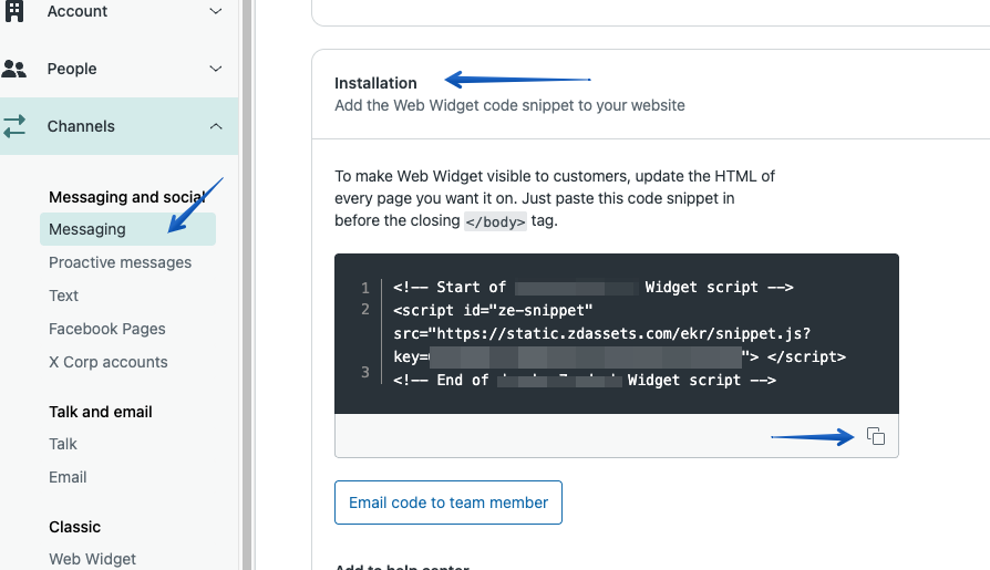 Retrieving the Zendesk messaging web widget JavaScript code