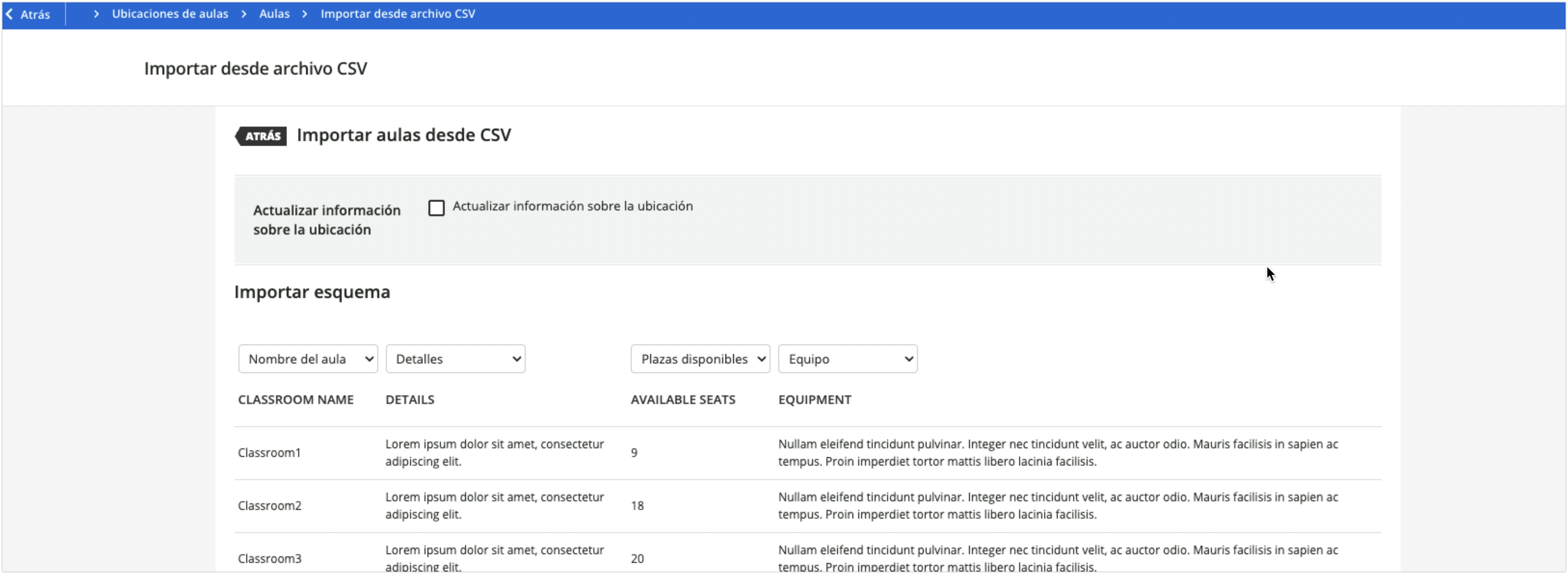 Aulas importadas mediante CSV