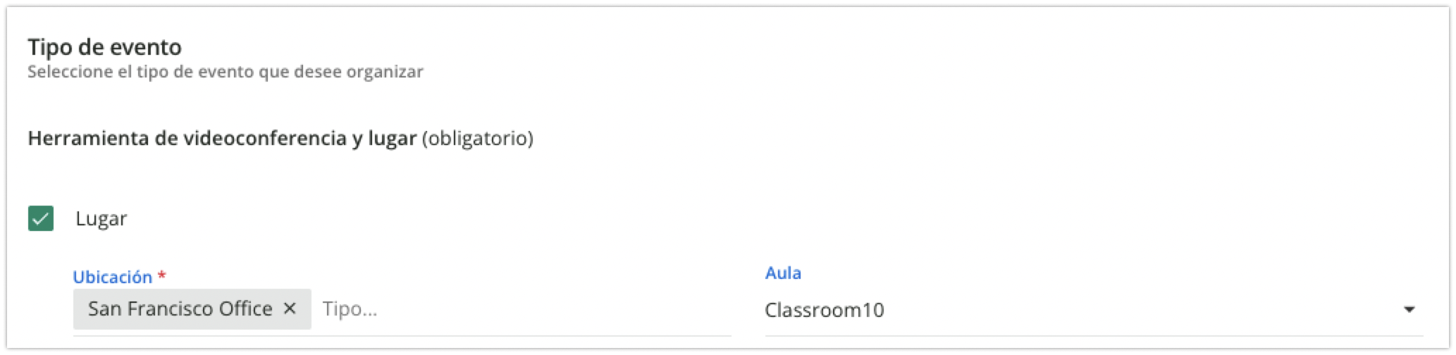 Tipo de evento con ubicación y aula