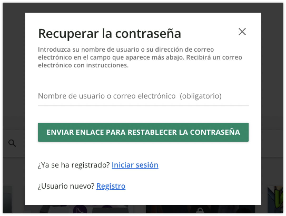 Ventana emergente para la recuperación de la contraseña