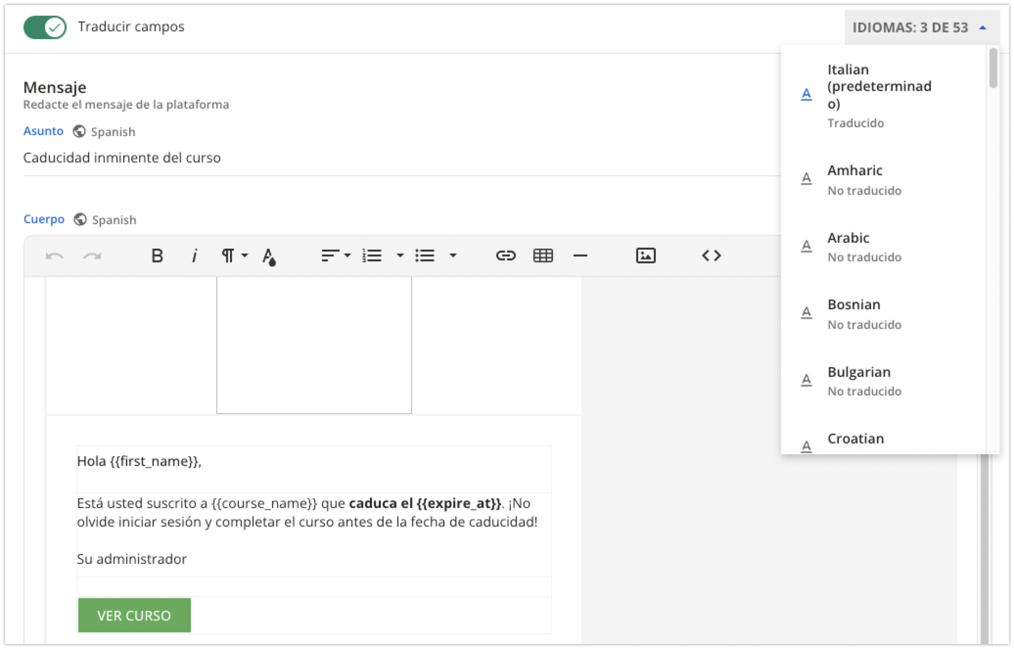 Adición de una traducción con plantilla en otro idioma