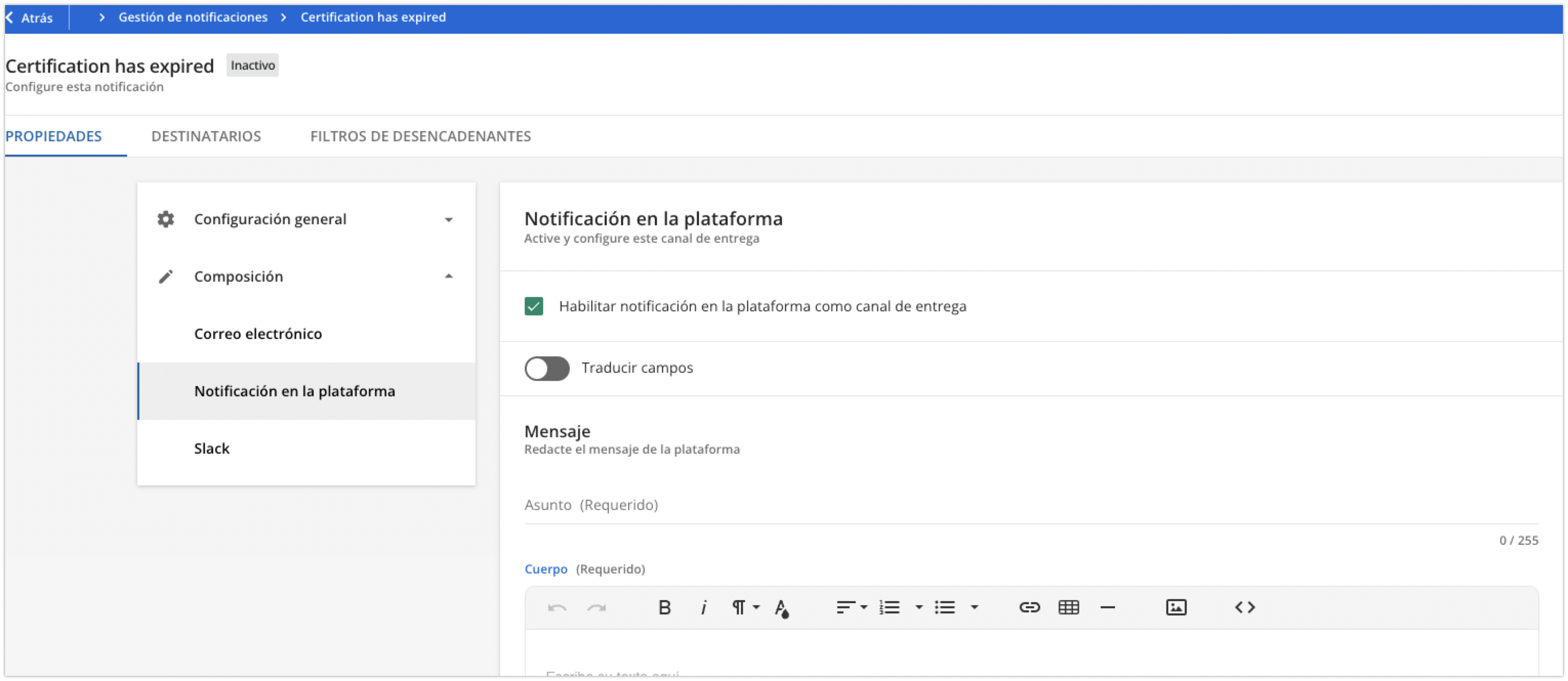Área de redacción del mensaje de una notificación