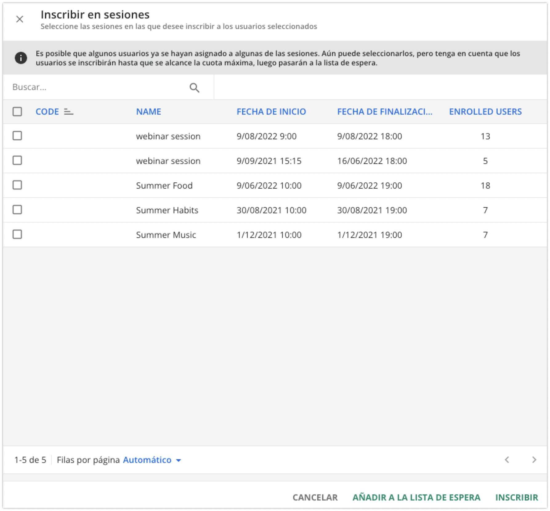 Inscribir en sesiones a varios usuarios
