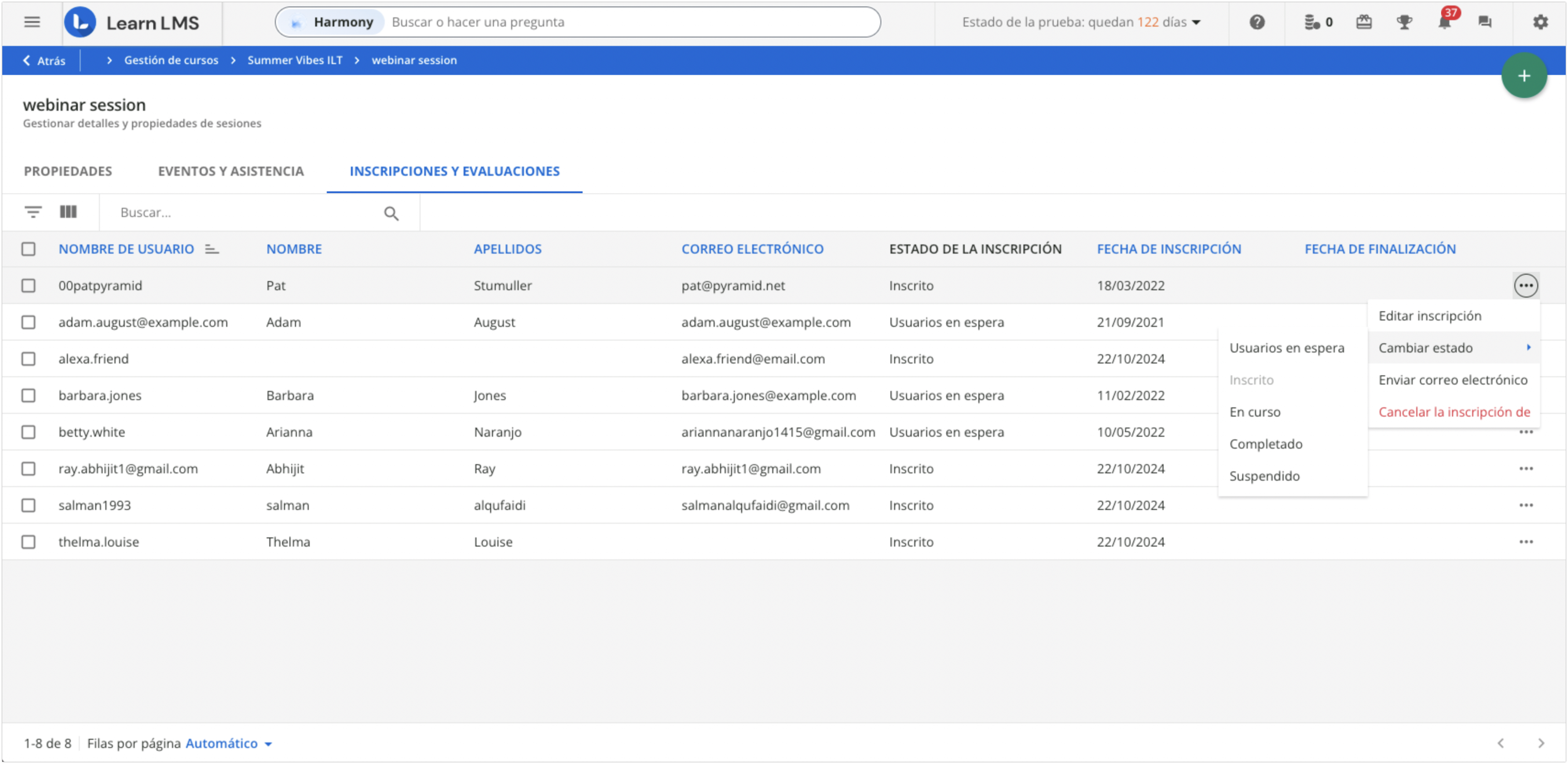 Opciones de estados de inscripción