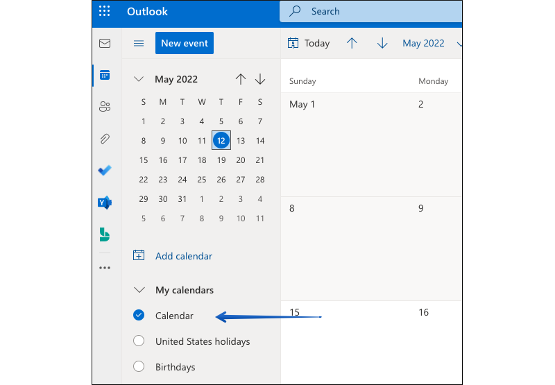 Pulsar el enlace Calendario en Outlook