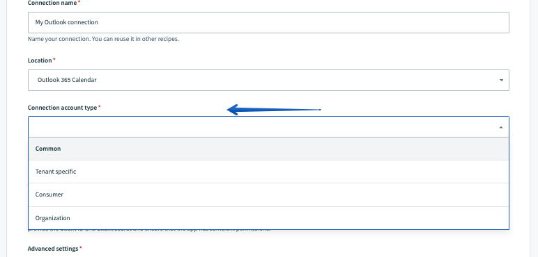 Selección del tipo de cuenta de conexión