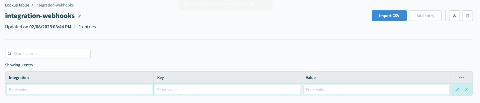 la tabla webhooks-integration que muestra las columnas Integración, Clave y Valor