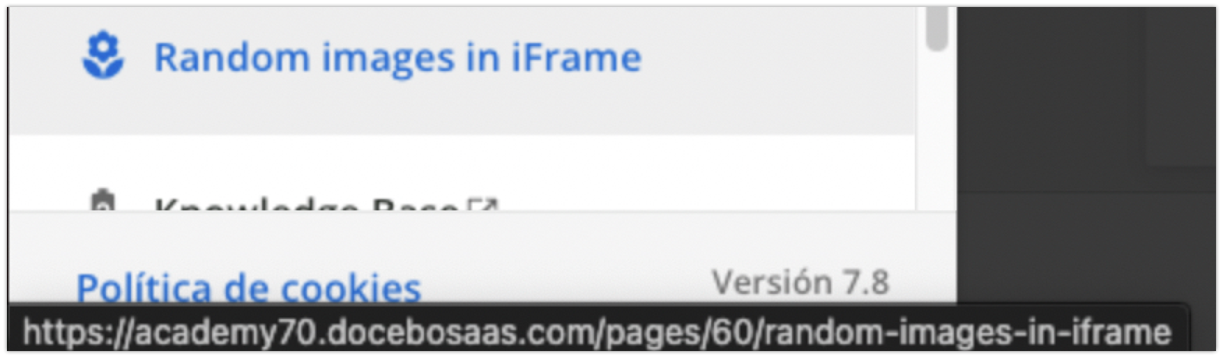 Página de enlace externo configurada para abrirse en iframe