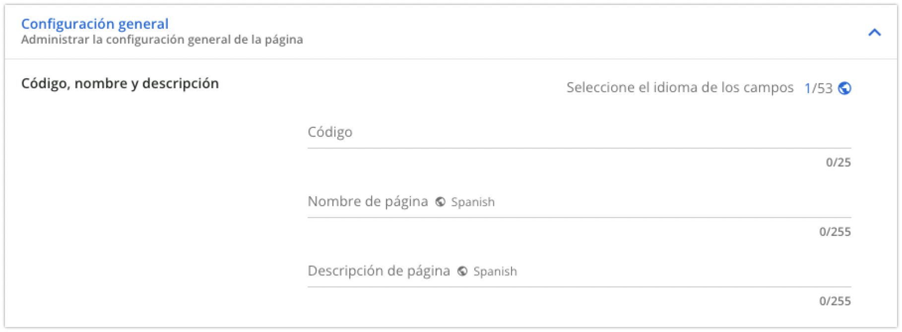 Área de código, nombre y descripción en la Configuración general
