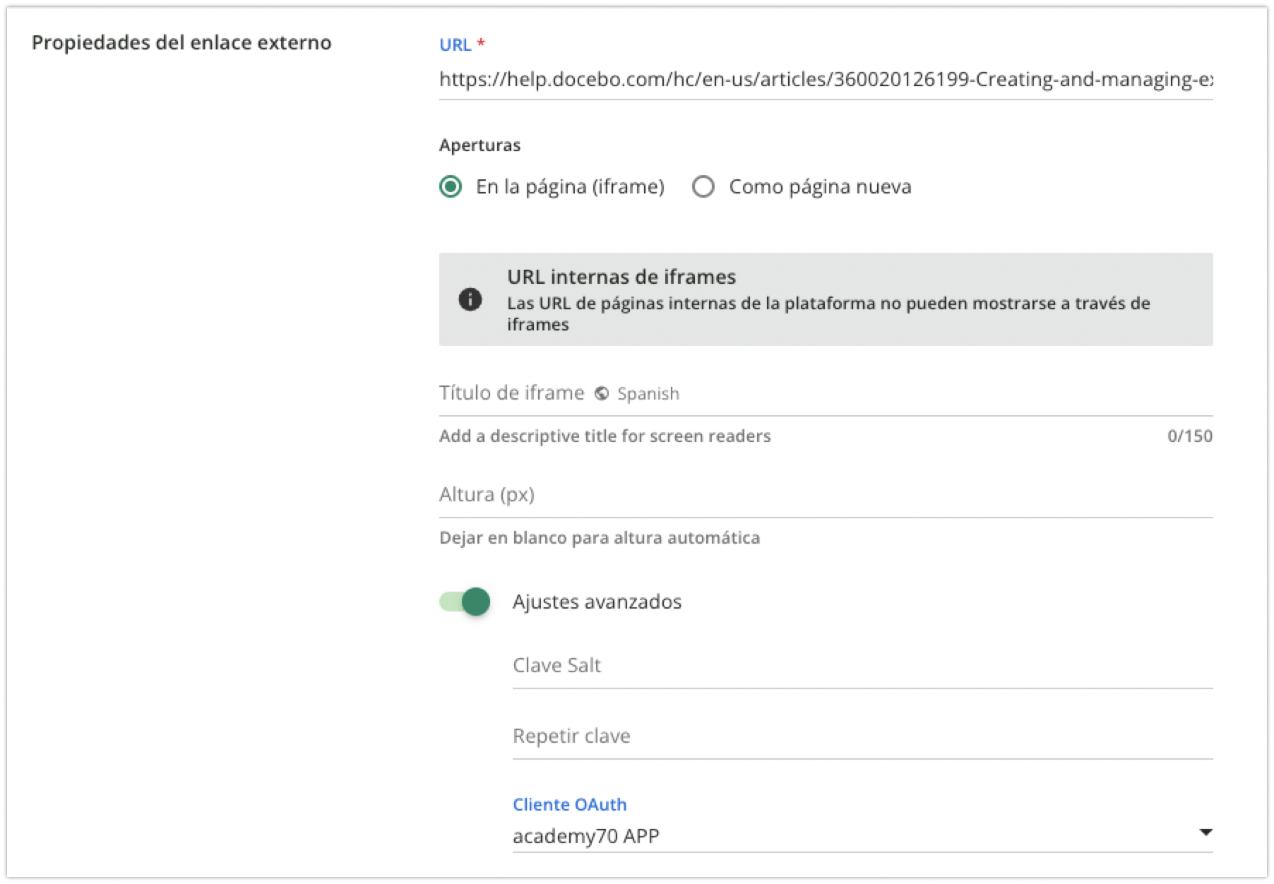 Área Propiedades del enlace externo