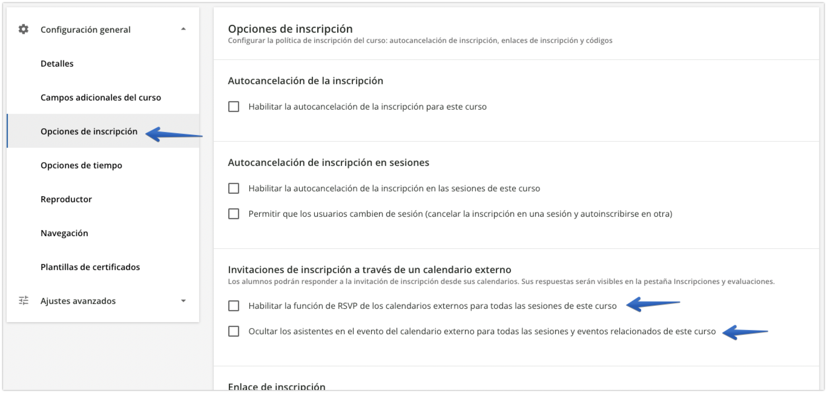 Configuración de las opciones de inscripción