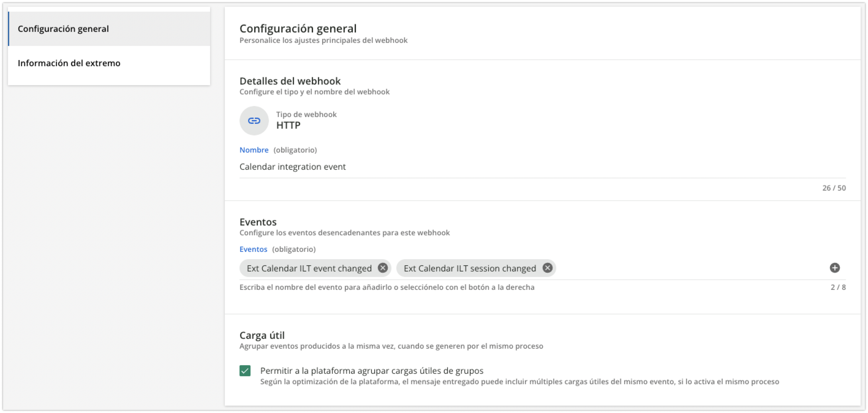 Área de configuración general de un webhook