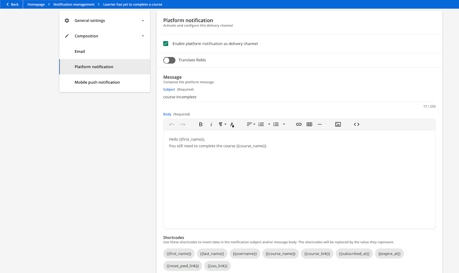 Writing the notification message.